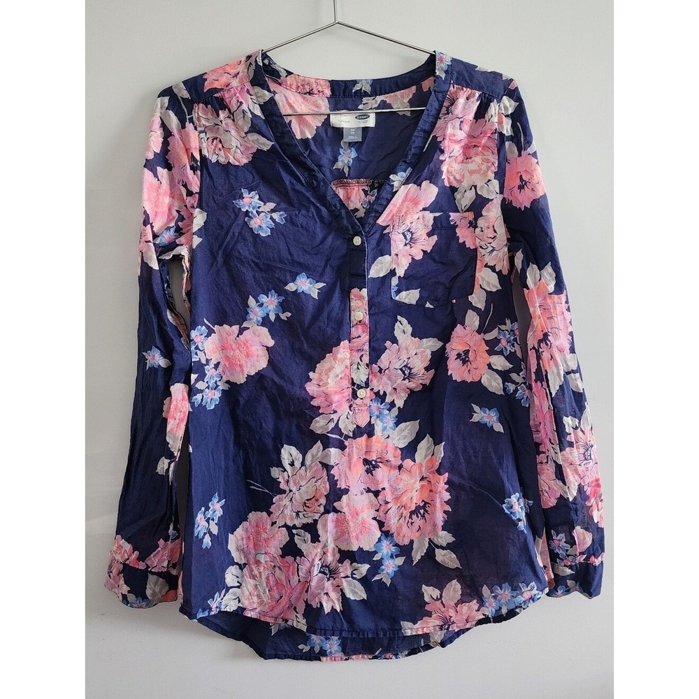 Old Navy Tunic Blouse Women XS Blue Floral Cotton Boho Casual Spring relaxed fit
